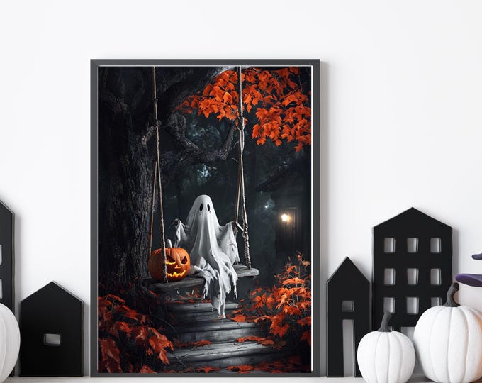 Ghost on a Swing Print, Haunted House Art, Ghost Painting, Ghost Poster, Ghost Picture, Halloween Wall Decor, Ghost Printable Art