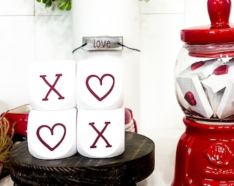 XOXO White Heart Blocks - Set of 4- Valentines Day Tiered Tray - Coffee Bar Decor