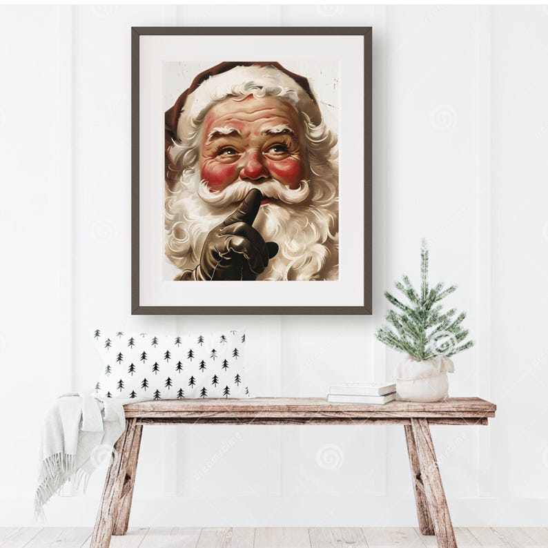 May include: A vintage illustration of Father Christmas with a white beard and red cheeks, wearing a red hat and a black glove, holding his finger to his lips as if to say "shhh".
