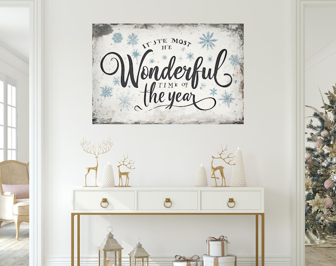 It’s the Most Wonderful Time of the Year Rustic Digital Print – Gray and Blue Christmas Wall Art – Neutral Tone Holiday Printable