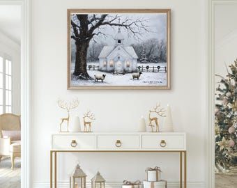 Winter Scene Art Print, Rustic White Church with Sheep and Snow-Covered Trees, Serene Winter Landscape Poster, Winter Artwork