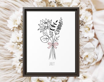 July Birth Flower Framed Canvas Print –Personalized Birth Month Floral Wall Art, Custom Botanical Decor, Nursery Birth Flower Gift