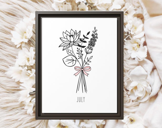 July Birth Flower Framed Canvas Print –Personalized Birth Month Floral Wall Art, Custom Botanical Decor, Nursery Birth Flower Gift