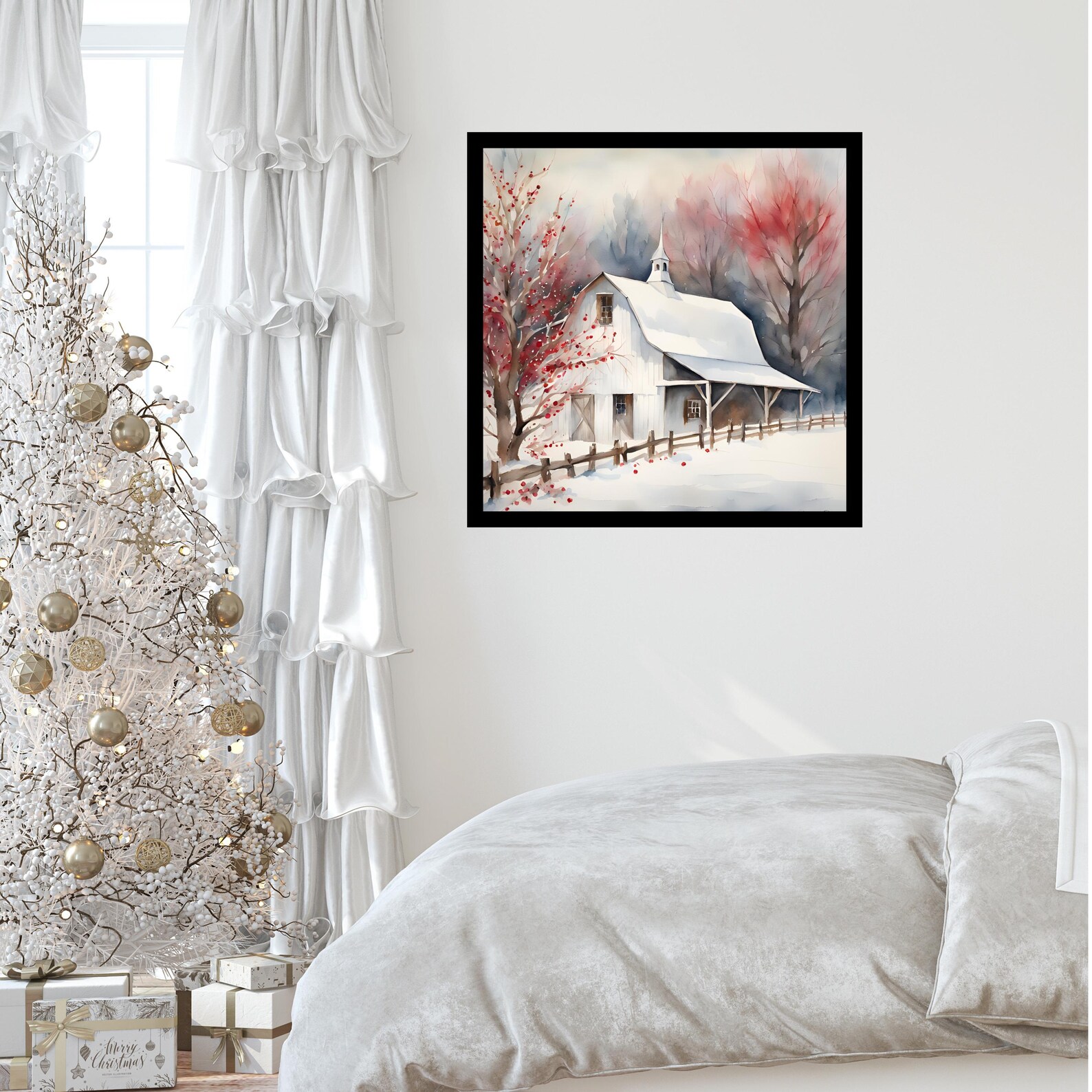 Rustic Christmas Barn Art Print, White Barn With Red Trees, Winter ...