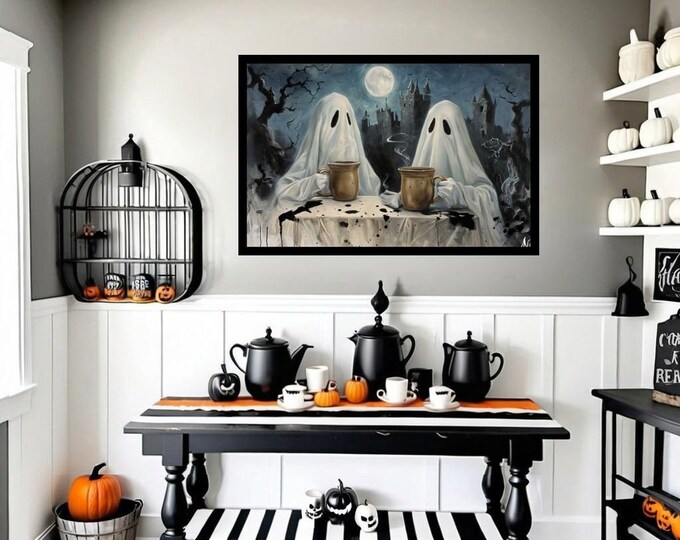 Spooky Coffee Lover Wall Art, Ghosts and Coffee Print for Halloween Decor, Haunted Castle, Halloween Decoration for Coffee Bar & Kitchen