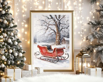 Vintage Christmas Sleigh Print, Red Sleigh Winter Scene Art, Rustic Holiday Wall Decor, Farmhouse Christmas Art, Nostalgic Snowy Sleigh Ride
