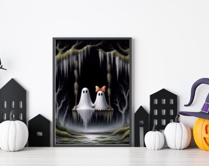 Spooky Adorable Ghost Painting - Dark Aesthetic Halloween Wall Art - Haunted House Wall Decor - Printable
