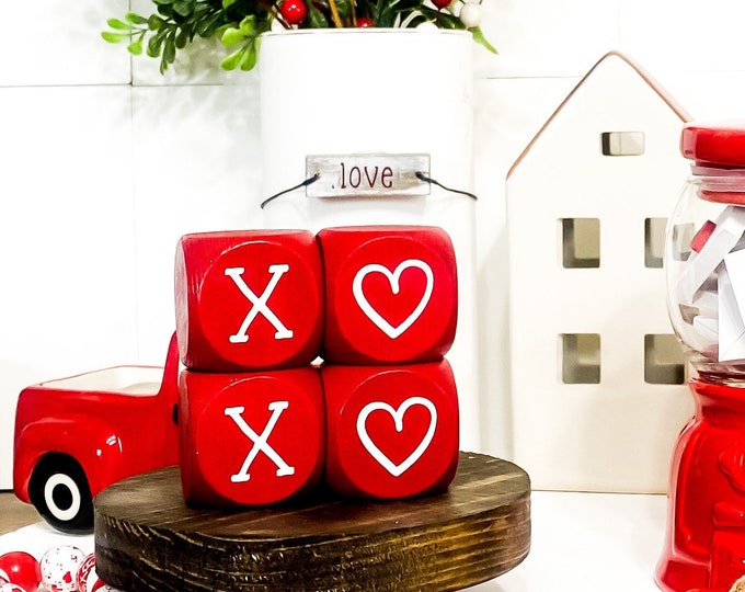 XOXO Red Heart Blocks - Set of 4 - Valentines Day Tiered Tray Decor - Coffee Bar Decor