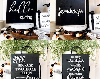 Beautiful Vinyl Typography Signs for Farmhouse Spring Tiered Tray Decor: Double Sided Set of 5 x 5 Wood Signs