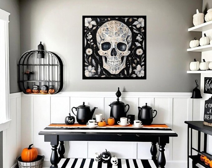 Skeleton Digital Art Print with White Flowers | Spooky Floral Aesthetic | Gothic Skeleton Wall Decor Printable in 6 Sizes
