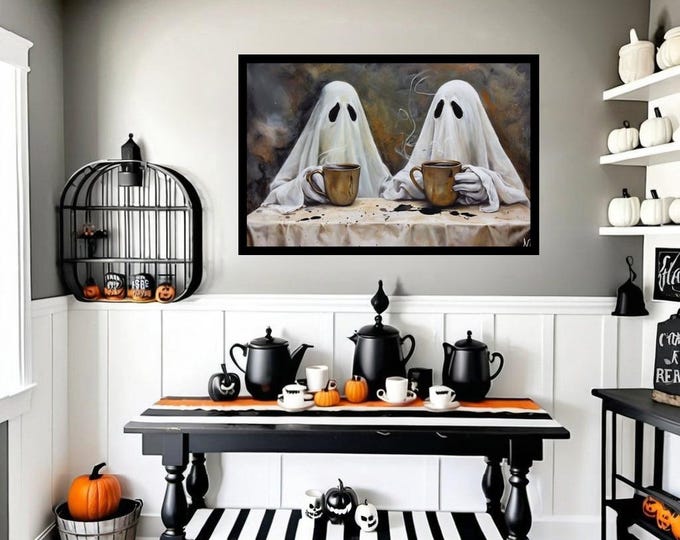 Spooky Ghost Coffee Print, Cute Halloween Wall Art for Coffee Lovers, Halloween Digital Print, Halloween Kitchen and Coffee Bar Decor