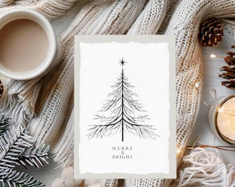 Minimalist Merry & Bright Christmas Tree Art Print | Holiday Wall Decor | Handmade Deckled Edge Paper | Modern Christmas Print