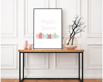 Happy Easter Watercolor Farmhouse Style Sign - Minimalist Wall Art Printable - Pastel Easter Egg Wall Decor