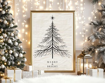 Merry & Bright Minimalist Christmas Tree Print – Modern Holiday Wall Art | Festive Christmas Quote, Digital Download, Simple Christmas Decor