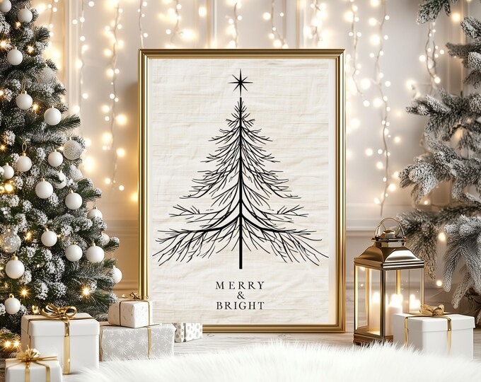 Merry & Bright Minimalist Christmas Tree Print – Modern Holiday Wall Art | Festive Christmas Quote, Digital Download, Simple Christmas Decor