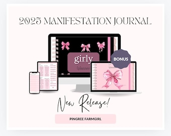 Girly Digital Planner with Coquette Bows, Digital Vision Board, 2025 Planner, Wellness Journal, Mindfulness Journal, Hyperlinked PDF