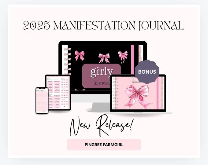 Girly Digital Planner with Coquette Bows, Digital Vision Board, 2025 Planner, Wellness Journal, Mindfulness Journal, Hyperlinked PDF