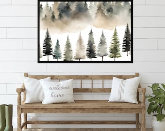 Minimalist Winter Landscape Print – Watercolor Trees Wall Art, Neutral Christmas Decor, Rustic Holiday Wall Decor, Serene Winter Print