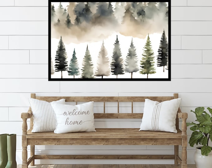 Minimalist Winter Landscape Print – Watercolor Trees Wall Art, Neutral Christmas Decor, Rustic Holiday Wall Decor, Serene Winter Print