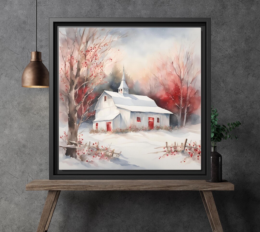 White Rustic Christmas Barn Print, Winter Farmhouse Wall Art, Snowy ...