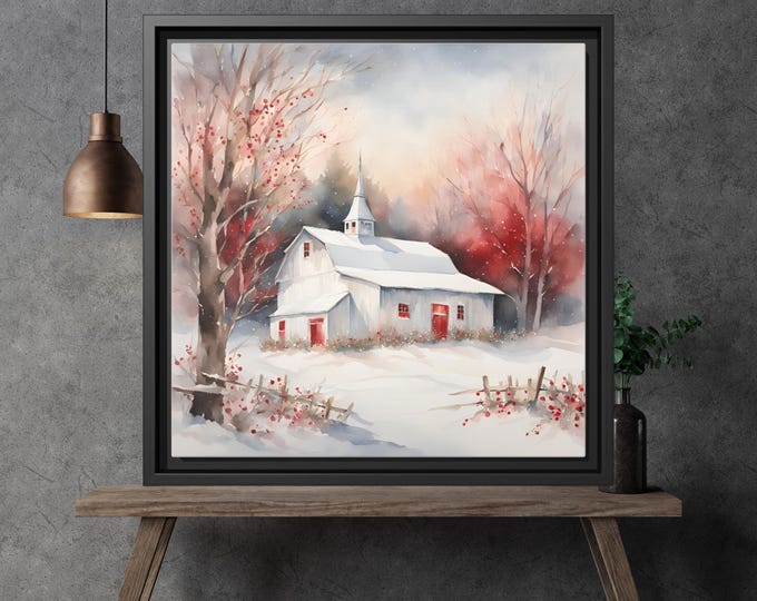 White Rustic Christmas Barn Print, Winter Farmhouse Wall Art, Snowy Barn Scene with Red Trees, Cozy Holiday Decor, Christmas Landscape Art