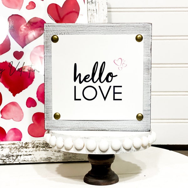 Hello Love Valentines Day 5 x 5 Wood Sign - Farmhouse Tiered Tray Decor - Romantic Valentine Gift