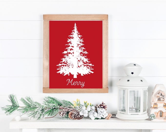 Farmhouse Red & White Christmas Tree Printable Wall Art - Holiday Wall Decor - Festive Christmas Gift