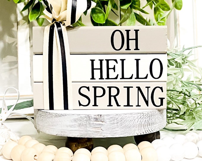 Handcrafted Oh Hello Spring Wood Book Stack - Farmhouse Tiered Tray Decor Charming Spring Decor for Your Home