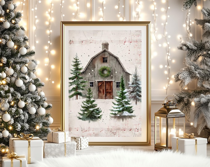 Rustic Christmas Barn Print - Matte Vertical Poster, Holiday Wall Decor, Farmhouse Style Art, Rustic Farm Poster, Festive Wall Hanging
