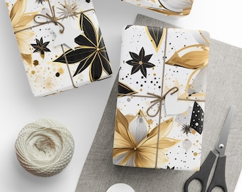 Wrapping Papers, Black & Gold Lily Print Christmas Gift Wrap, Festive Holiday Paper Roll, Seasonal Present Packaging, Xmas Decoration,