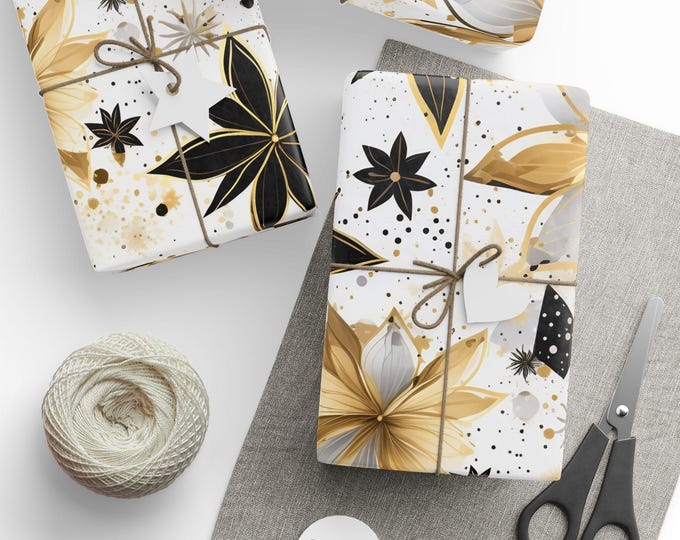 Wrapping Papers, Black & Gold Lily Print Christmas Gift Wrap, Festive Holiday Paper Roll, Seasonal Present Packaging, Xmas Decoration,