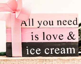 Ice Cream decor tier tray mini book stack birthday party decor, ice cream party sign, summer wood sign, decorative faux book