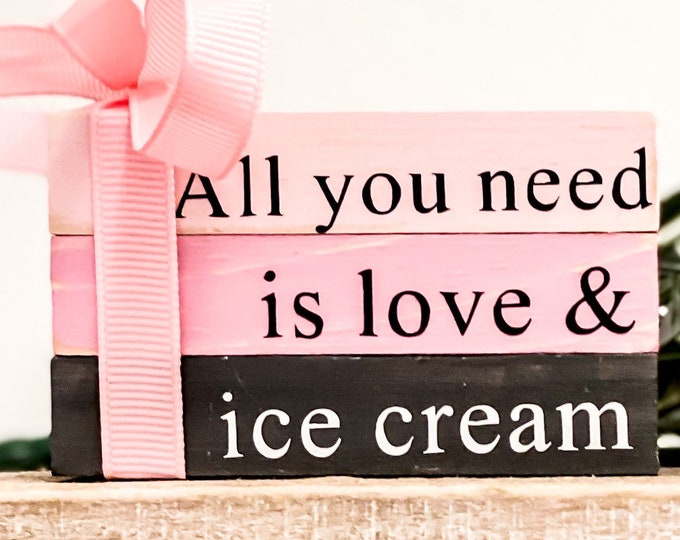 Ice Cream decor tier tray mini book stack birthday party decor, ice cream party sign, summer wood sign, decorative faux book