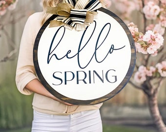 Wood Round Door Hanger, Hello Spring Door Wreath, Wood Rounds, Farmhouse Style Wood Door Hanger, Rustic Door Decor, Front Porch Sign