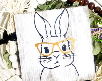 Adorable Easter Bunny with Glasses Wood Sign - Hand-Painted and Distressed - Perfect for Easter Decor and Tiered Tray Displays