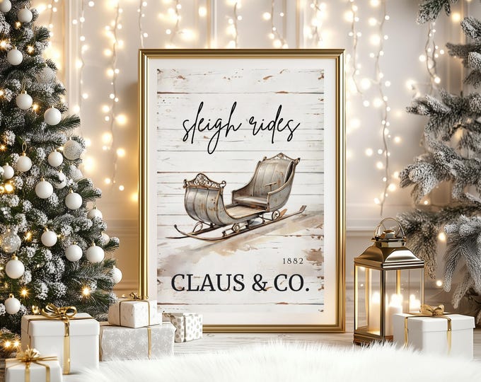 Vintage Sleigh Christmas Wall Art, Matte Vertical Posters, Rustic Sleigh Rides Sign, Farmhouse Wall Decor, Vintage Style, Holiday Poster