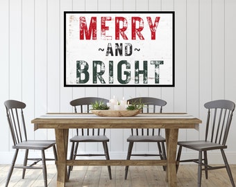 Vintage Style Merry & Bright Sign - Festive Christmas Wall Decor - Instant Download