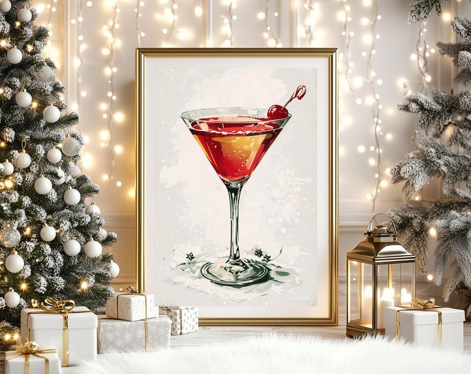 Christmas Cocktail Festive Poster Print, Matte Vertical Posters, Christmas Wall Decor, Bar Decor, Holiday Wall Art, Festive Home Decor