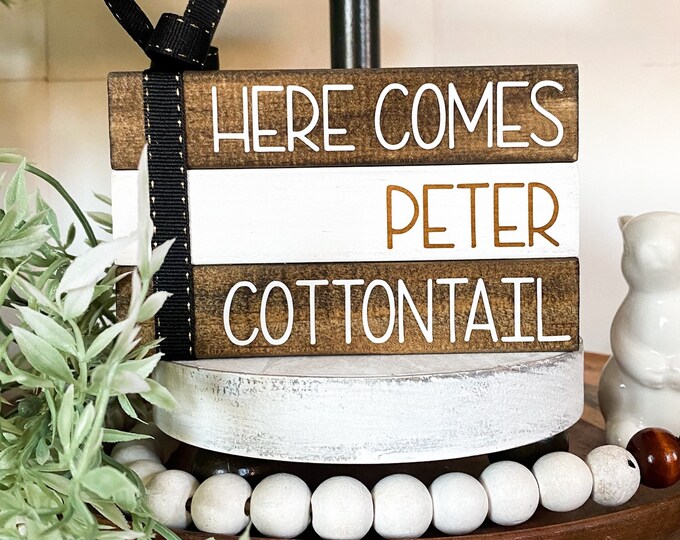 Vintage Style Peter Cottontail Wood Book Stack for Easter Decor, Rustic Wood Sign with Peter Cottontail for Easter Table Centerpiece