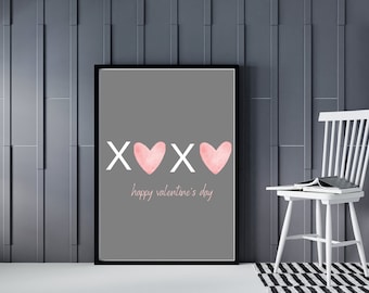 XOXO Happy Valentine's Day Pink & Gray Farmhouse Style Sign - Minimalist Wall Art Printable - Valentine Wall Decor