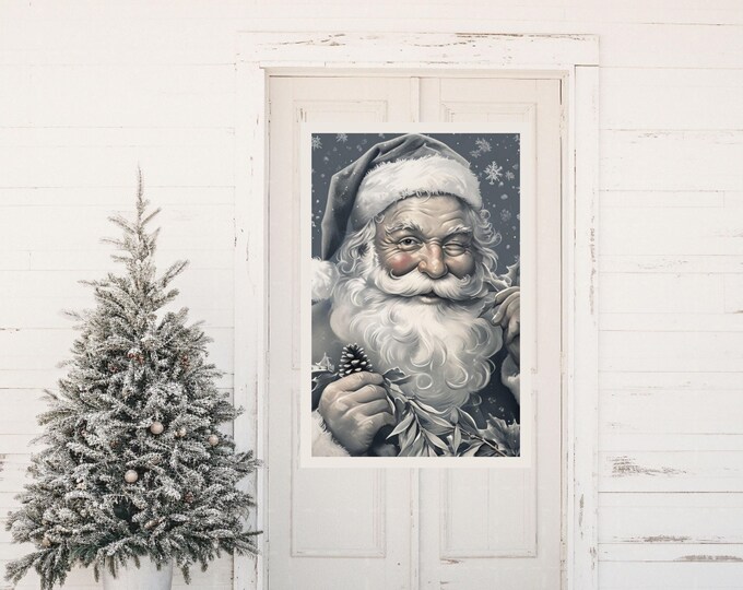 Vintage Gray Santa Wall Art, Old World Santa Face, Grayscale Wall Decor, Santa Wall Hanging, Old Fashioned Santa Poster, Christmas Wall Art