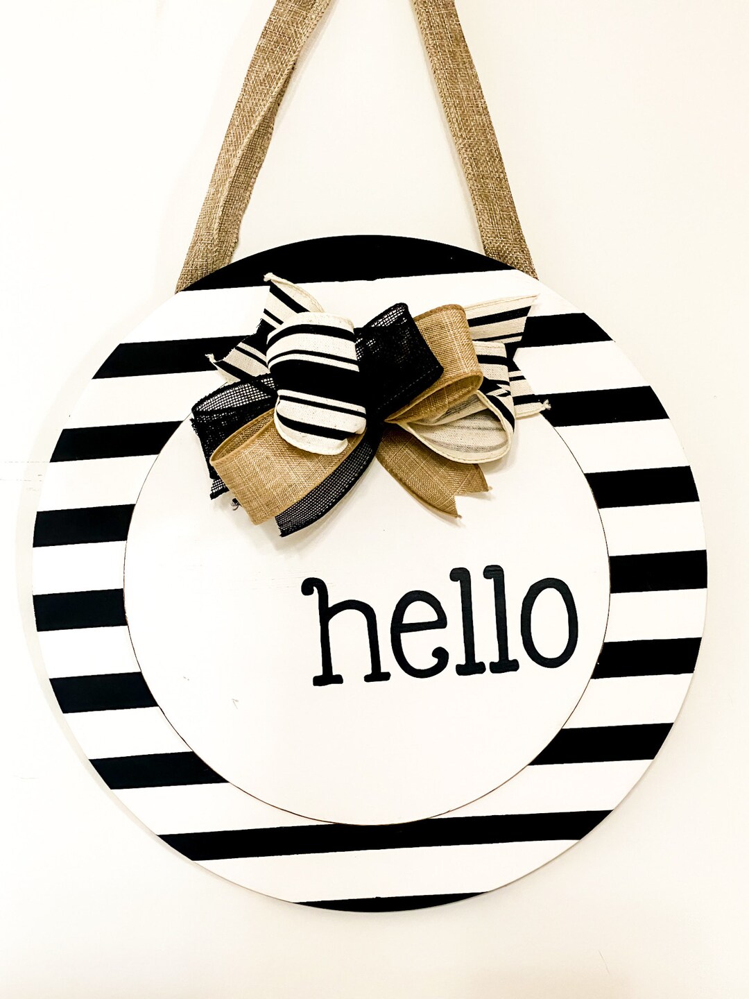 Farmhouse Front Door Hanger Handpainted Hello Sign, Black and White