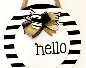 Farmhouse Front Door Hanger: Hand-Painted Hello Sign, Black and White, Rustic Farmhouse Decor