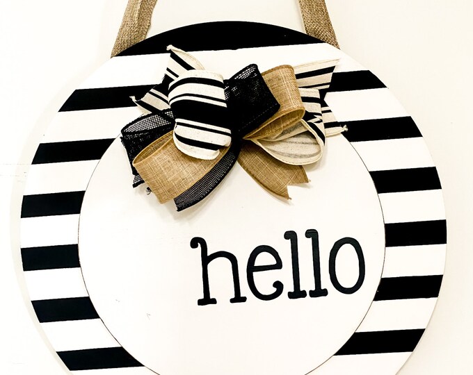 Modern Striped Hello Front Door Decor, Wood Round Door Hanger, Decorative Wood Sign, Year Round Front Door Wreath, Front Porch Decor