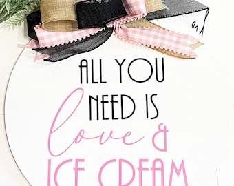 Ice Cream Party Sign - 14x14 Wooden "Love & Ice Cream" Wall Hanging - Birthday Party Decor