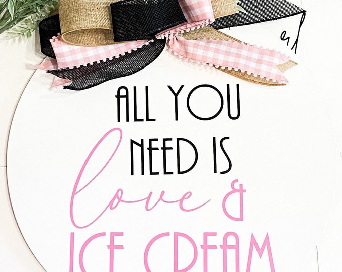 Ice Cream Party Sign - 14x14 Wooden "Love & Ice Cream" Wall Hanging - Birthday Party Decor