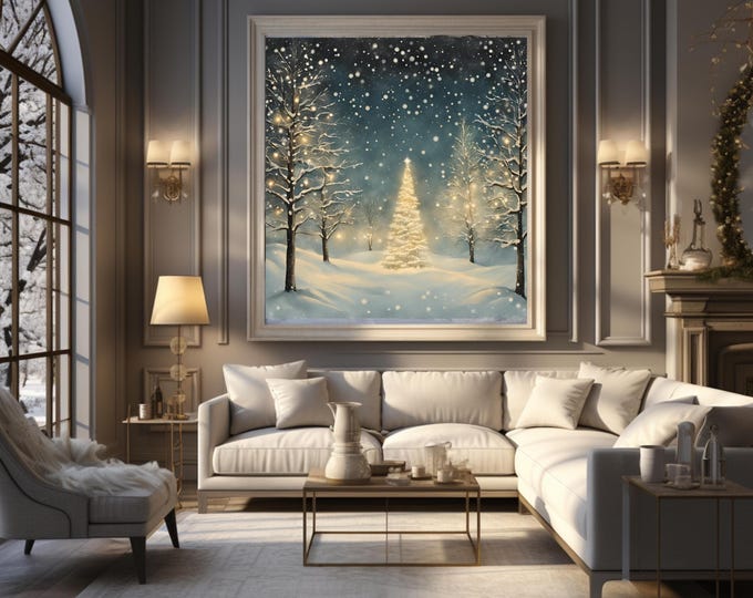 Watercolor Christmas Tree Landscape Art Print, Festive Holiday Wall Decor, Cozy Christmas Home Decor, Farmhouse Winter Wonderland Wall Art