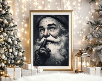 Vintage Dark & Moody Santa Wall Art Print, Santa Face, Santa Sign, Old World Santa, Black and White Christmas Wall Art, Santa Poster