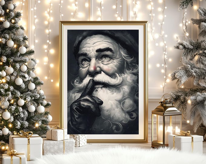 Vintage Dark & Moody Santa Wall Art Print, Santa Face, Santa Sign, Old World Santa, Black and White Christmas Wall Art, Santa Poster