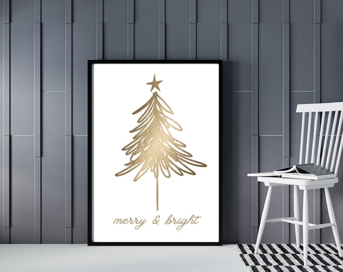Merry & Bright Gold Tree Farmhouse Style Sign - Modern Christmas Wall Art Printable - Holiday Wall Decor